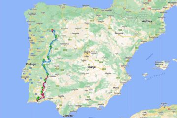 Plan g&eacute;n&eacute;ral du voyage 4&times;4 &agrave; travers le Portugal. La partie 1 est repr&eacute;sent&eacute;e en bordeaux