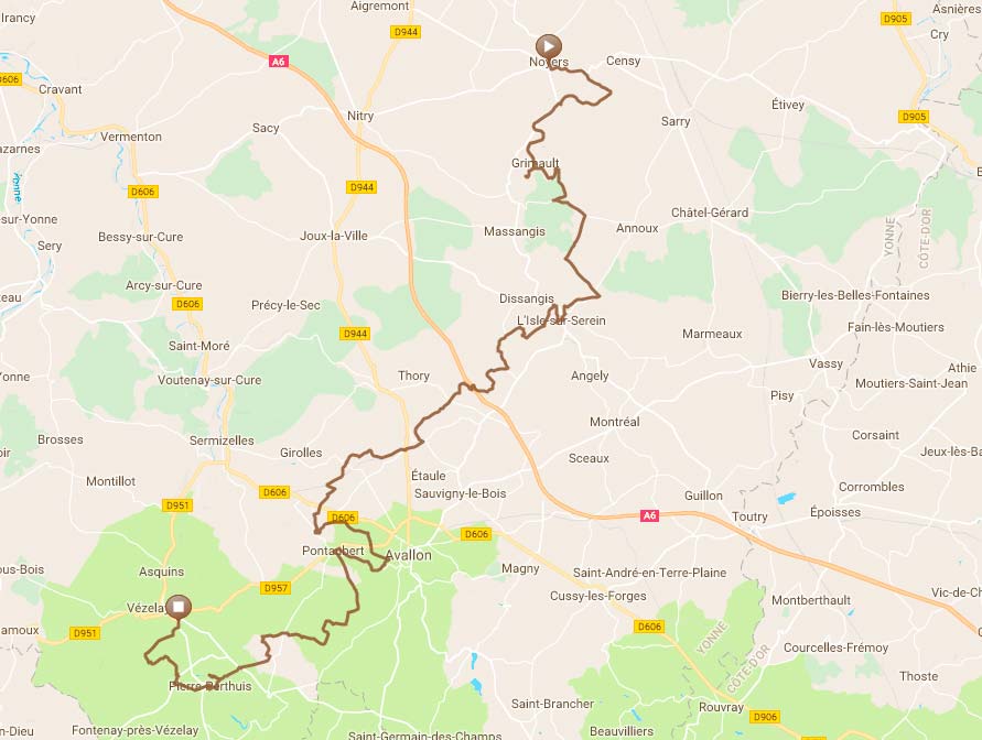 Plan van de 4x4 rit van Noyers naar Vézelay in de Morvan (Bourgogne)