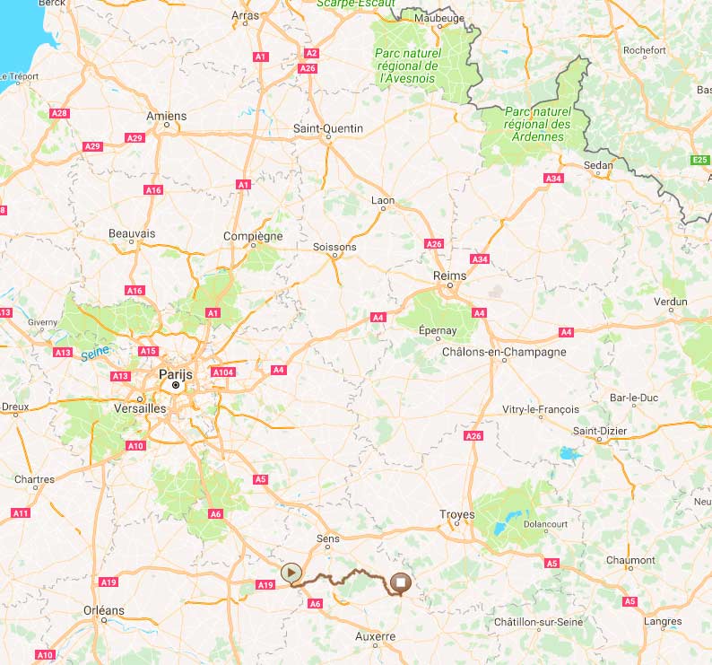 Situering van de 4x4 tocht in Bourgogne, op 1 uur van Parijs