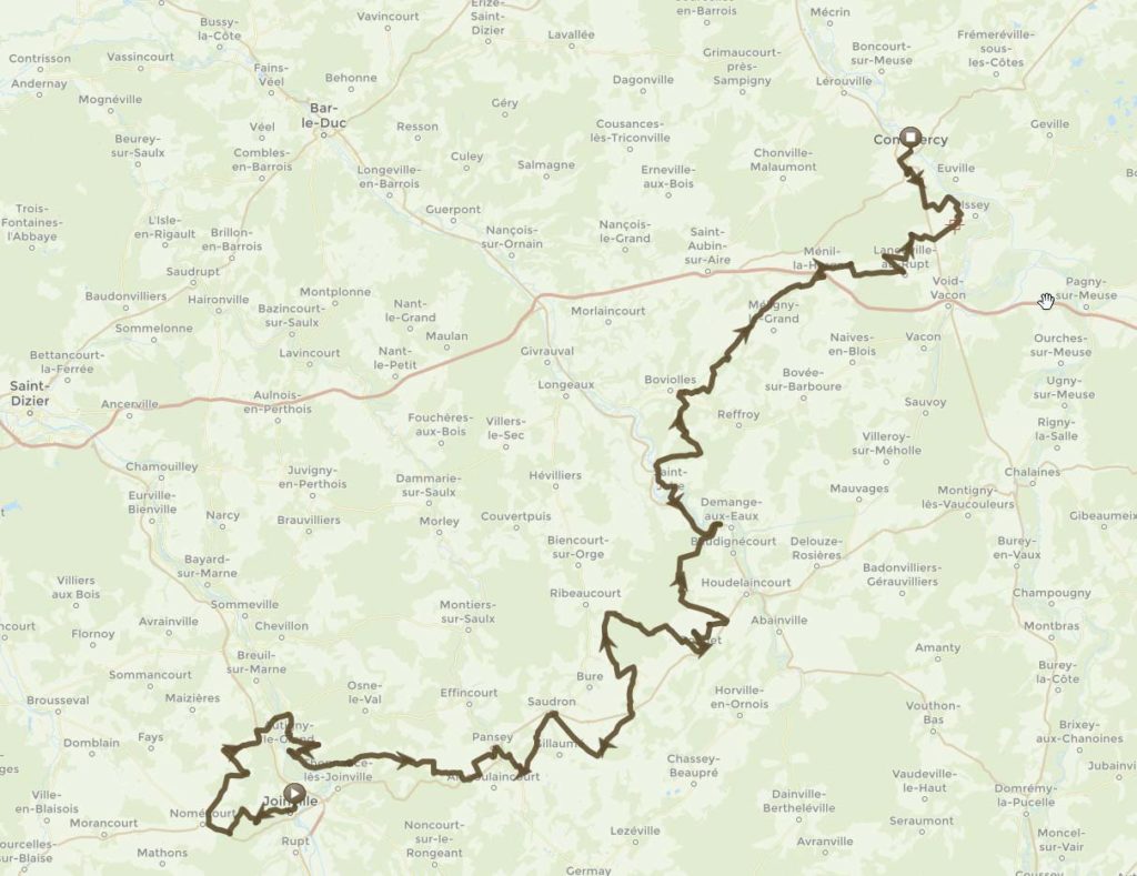 Situatieschets van de 4×4 rit van de Haute-Marne naar de Meuse.