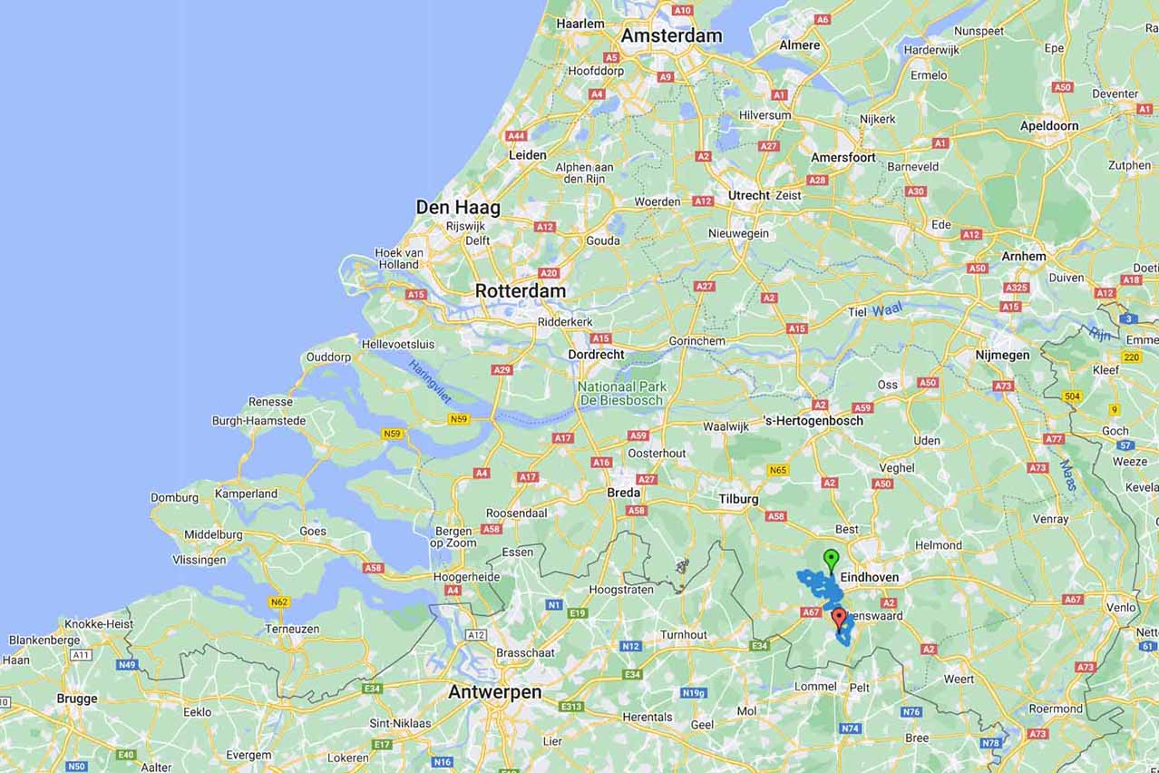 Situatieplan van dit dagje 4×4 rijden met start in Veldhoven, Noord-Brabant