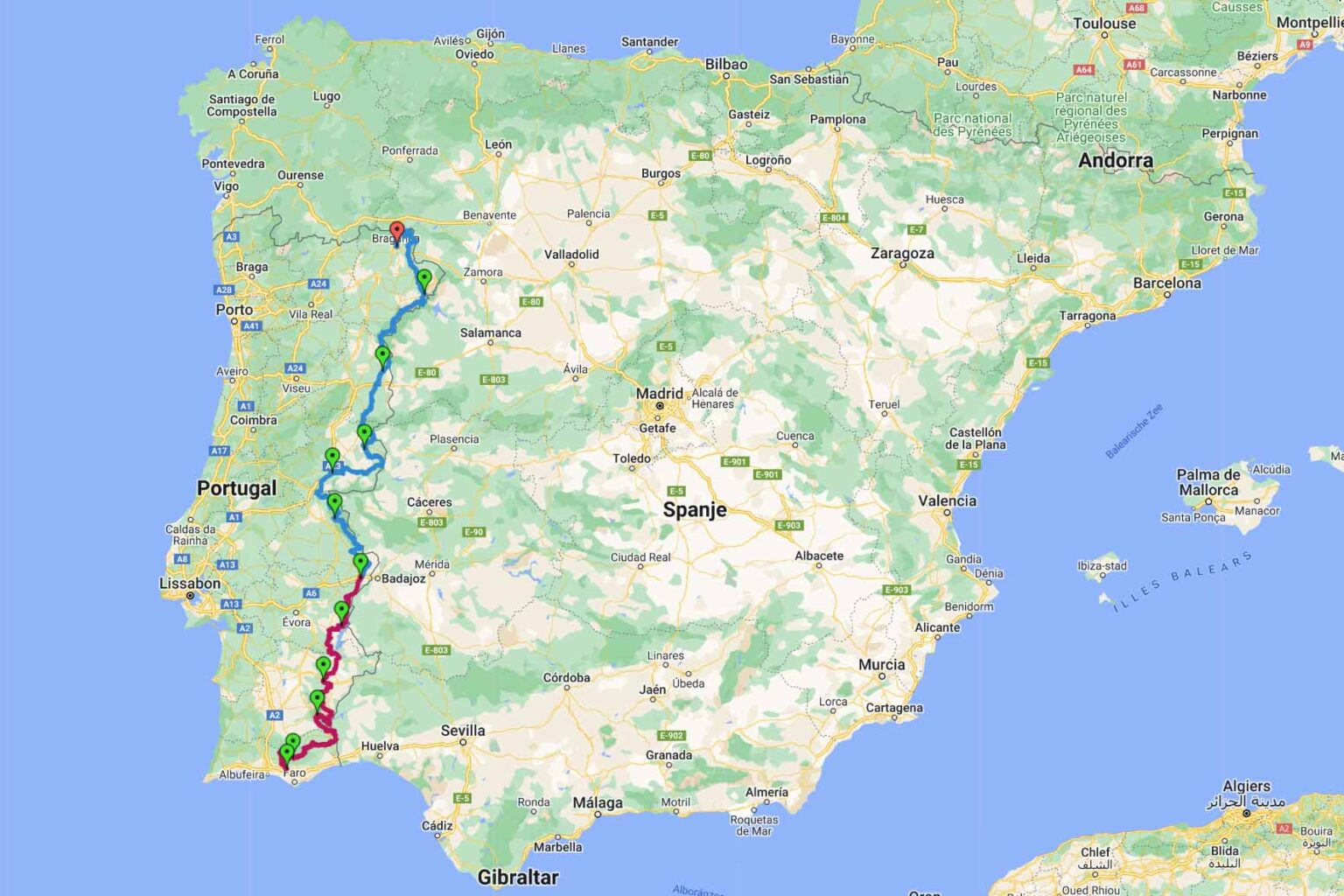 Route van de 4×4 vakantie door Portugal. Dit deel is het stuk in het bordeaux.