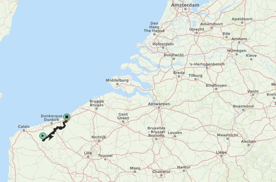 Situatieplan van het 4x4 roadbook Watten - Veurne in Frans- en West-Vvlaanderen